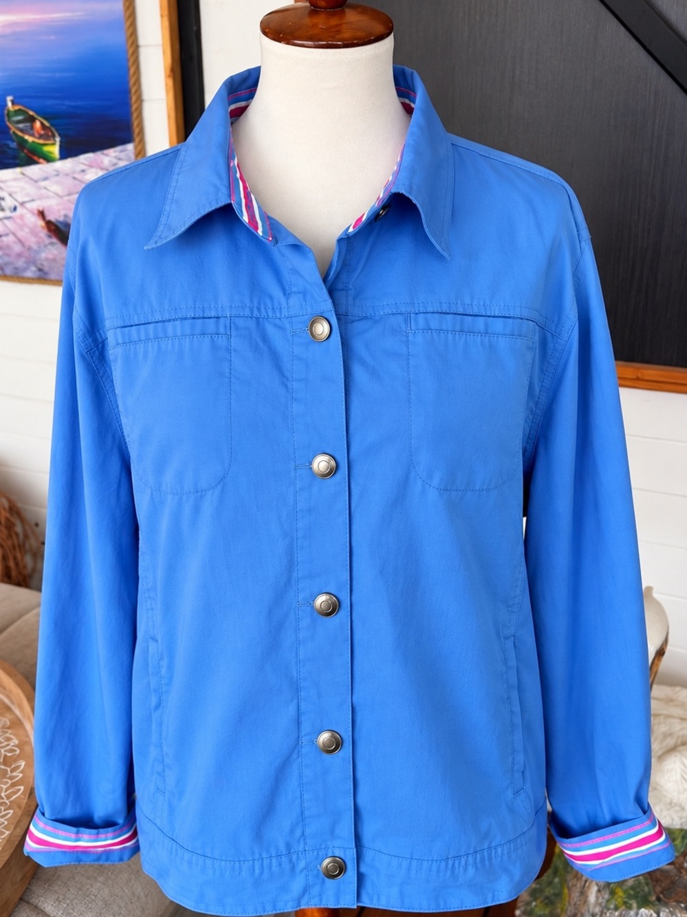 Lighthouse Apparel XXL Blue Cotton Jacket Striped Trim Coastal Lightweight